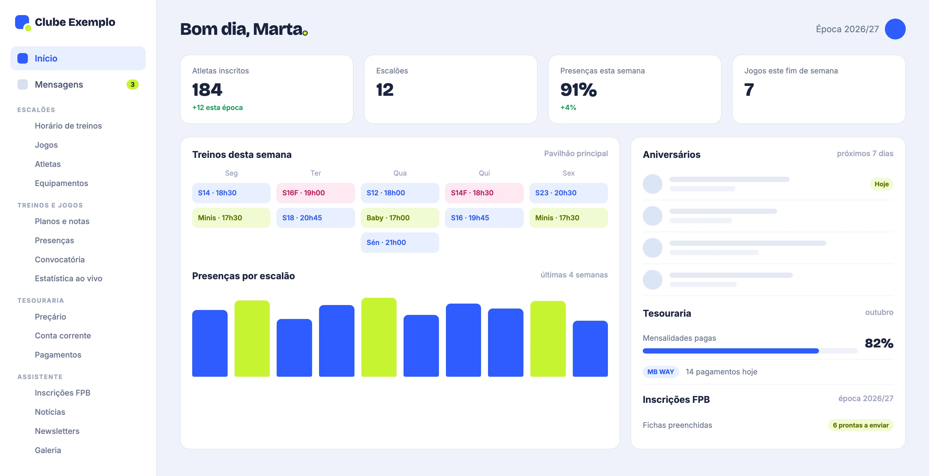 Ecrã de exemplo do portal, com o menu de escalões, treinos e jogos, tesouraria e assistente